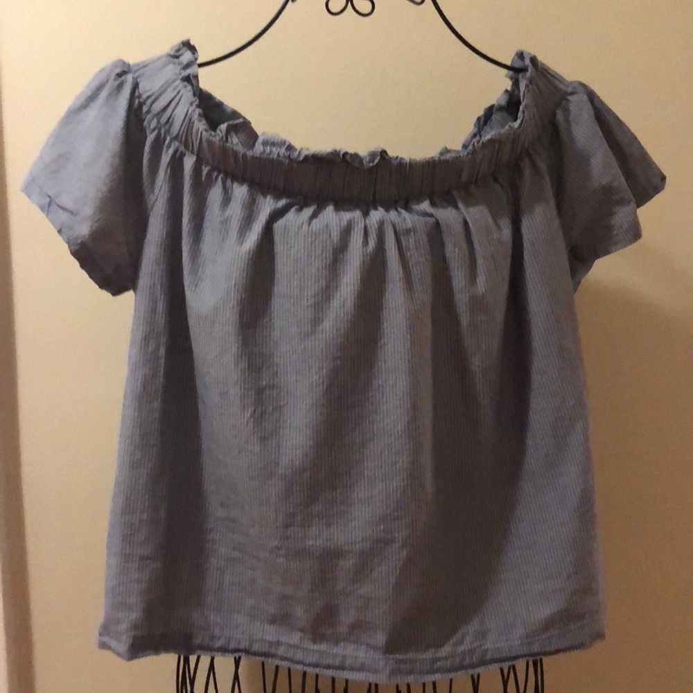 L Bongo Off the Shoulder Blue Pinstripe Shirt